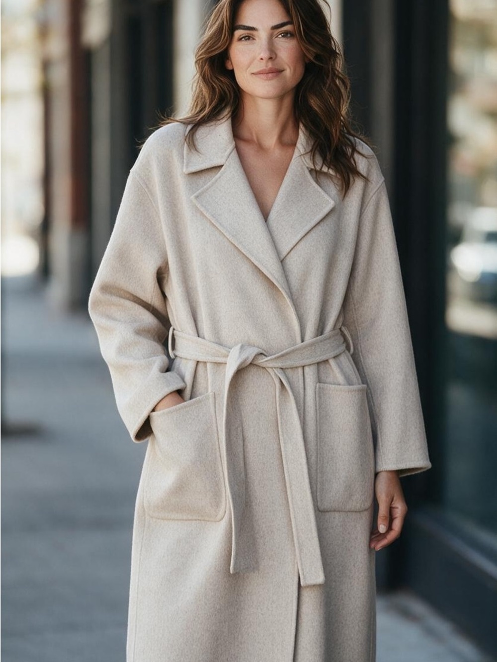 Michael Kors Belted Cream Long Wool-Blend Robe Coat